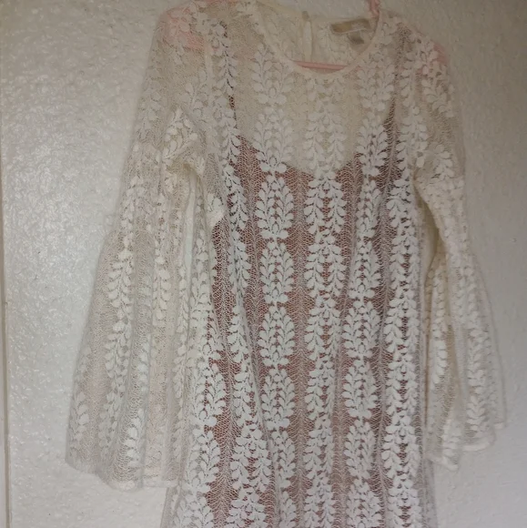 Michael Kors | Dresses | Michael Kors Lace Bell Sleeve Sheer Dress Ivory  Lace Tan S Beautiful Romantic | Poshmark